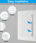 White 12X10 Inch Removable Hinged Access Panel For Drywall Plumbing And Electrical Wiring Featuring No Sweat Setup, showing handle, latch, and smooth installation.