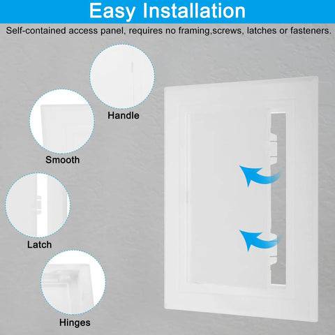 White 12X10 Inch Removable Hinged Access Panel For Drywall Plumbing And Electrical Wiring Featuring No Sweat Setup, showing handle, latch, and smooth installation.