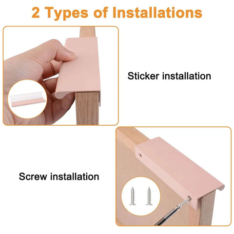 Four Pack Finger Edge Pull Aluminum Alloy Concealed Drawer Pulls Self Adhesive Invisible Cabinet Handles 120mm Ballet Pink showing two types of installations, adhesive and screws.