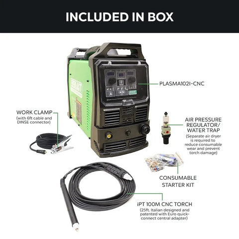 CNC Plasma Cutter With Blowback Start For Beast Mode Cutting, 100 Amp Output, 208V And 220V Ready, Includes IPTM100 CNC Torch For Auto Cutting, Pilot Arc Technology Cuts Through Rusty Or Painted Surfaces Smoothly with accessories.