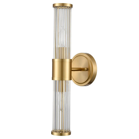 Vertical view of Mid Century Brass Glass Rod Wall Sconces With Two Lights Vanity Light Fixtures for Bedroom Hallway Living Room