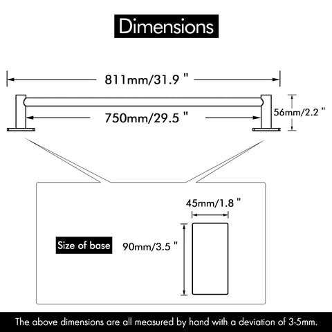 Dimensions diagram of 32 Inch Self Adhesive Towel Bar For Bathroom No Drill Wall Mounted Rustproof SUS304 Stainless Steel Matte Black