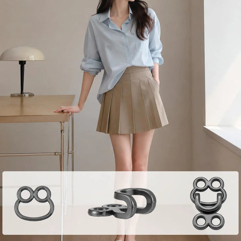 Heavy Duty Hook And Eye Sewing Kit, Assorted Zinc Alloy Closures, showcasing silver closures on a model with casual attire.