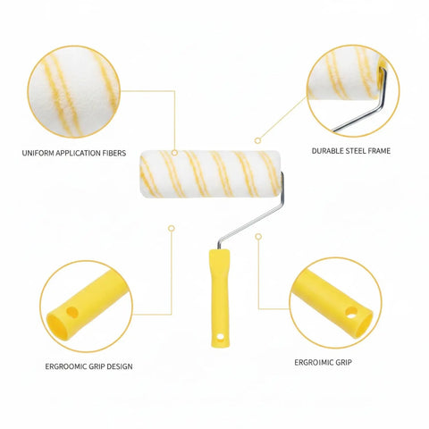 Pro Grade Paint Roller For Drywall And Smooth Ceilings With Dual Yellow Strip Cover, 9 inch with ergonomic grip and durable steel frame.