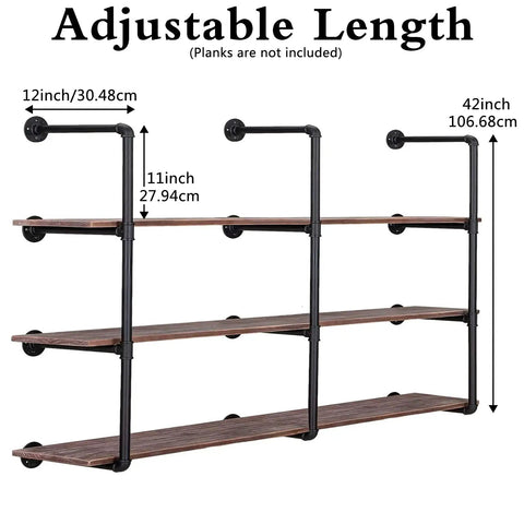Industrial Iron Pipe Shelving Brackets Unit For Farmhouse Wall Mounted Shelves with four-tier adjustable iron pipes, 42in height.