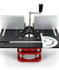 Heavy Duty Router Lift With Reinforced Top Plate Aluminum Alloy And Steel Manual Raise System Slick Height Adjustments For Table Insert Woodshop Builds Black, top view of router lift with adjustable height system.