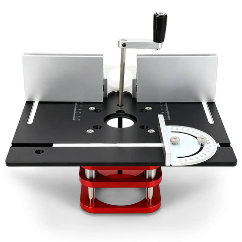 Heavy Duty Router Lift With Reinforced Top Plate Aluminum Alloy And Steel Manual Raise System Slick Height Adjustments For Table Insert Woodshop Builds Black, top view of router lift with adjustable height system.