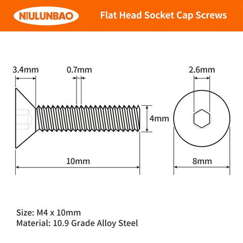 Technical diagram of M4 0.7 X 10mm flat head hex socket cap screws, 10.9 grade alloy steel, dimensions and drive details shown.