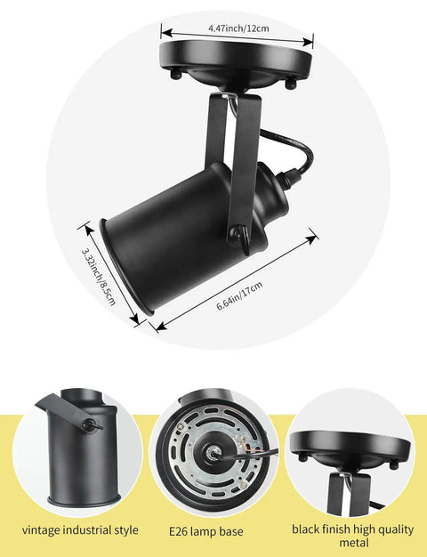 Industrial Dope Ceiling Spotlight Two Pack Matt Black Vintage Wall Mount Lights With Rotating Heads E26 Base, 4.47-inch diameter