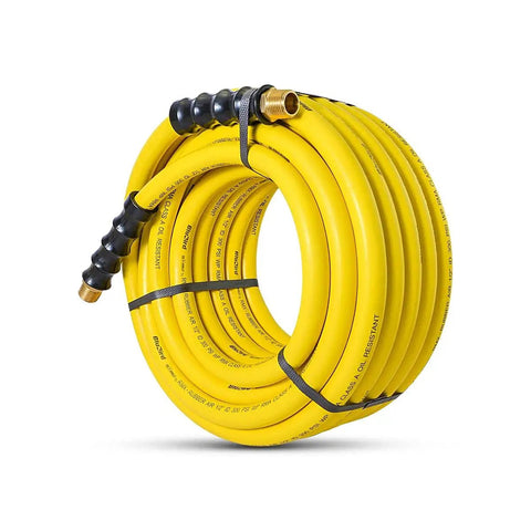 Coiled OS12100 Half Inch Class A Rubber Air Hose 100 Feet, yellow with brass fittings and bend restrictor, oil resistant.