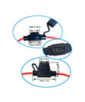 Inline 16 Gauge Fuse Holder Kit For Mini Blade Fuses with dimensions, view of connectors and wiring in the image.