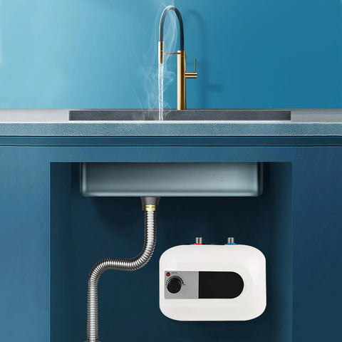 Premium Super Smooth 110V Under Sink Electric Water Heater Delivering Rock Solid 1500W Instant Heat installed under a sink.