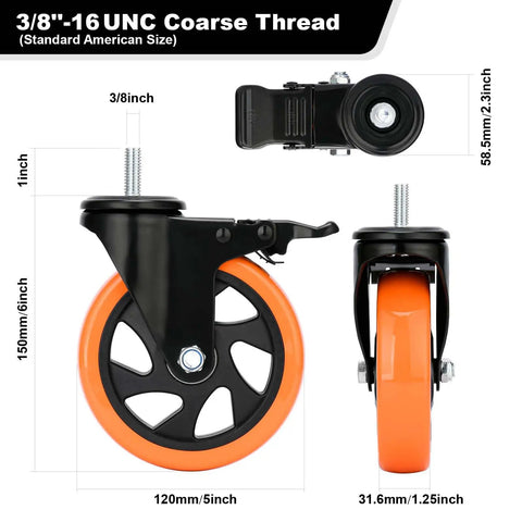 Killer 5 Inch PVC Swivel Casters With Tight Dual Lock Brakes And No Nonsense 3/8 Inch 16 X 1 Stud side and top views showing size and design.
