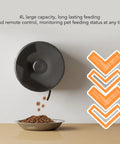 Wall Mounted Automatic Cat Feeder With WiFi Remote And 4 Liter Bin dispensing kibble into a metal bowl, sleek design, easy monitoring.