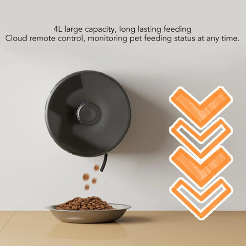Wall Mounted Automatic Cat Feeder With WiFi Remote And 4 Liter Bin dispensing kibble into a metal bowl, sleek design, easy monitoring.