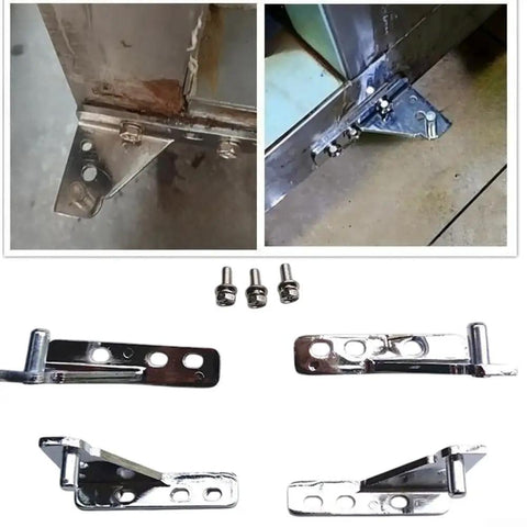 4 Piece Refrigerator Hinge Set With 35mm Wheelbase Zinc Alloy For USTAR GRISTA Commercial Fridges displayed with screws.