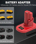 Red 18V to 12V battery adapter converter for power tools with compatible batteries displayed, ideal for DIYers and pros.