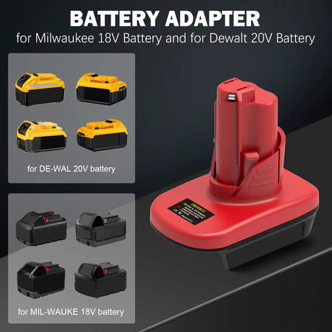Red 18V to 12V battery adapter converter for power tools with compatible batteries displayed, ideal for DIYers and pros.