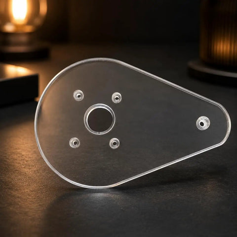 Score Your Shop Upgrade With This Six By Nine Inch Clear Acrylic Router Base Plate Built Straight For Makita Compact Models Featuring Pre Drilled Mounting Holes And Three Eighth Inch Thickness For Rock Solid Precision Woodworking, showcasing clear acrylic with pre-drilled holes.