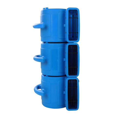 Stacked blue Powerhouse 1/8 HP Air Movers With 600 CFM Floor Dryer Utility Blower Three Speed Settings Rugged Poly Housing