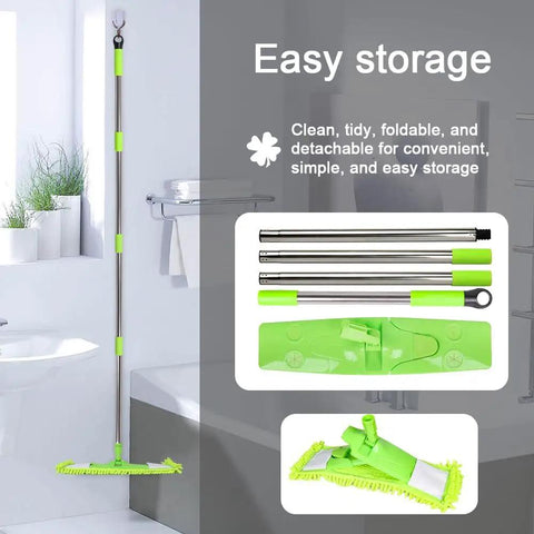 All Purpose Floor Dust Mop With 58 Inch Extendable Handle And Washable Chenille Pads, Dry And Wet Flat Mop displayed in bathroom