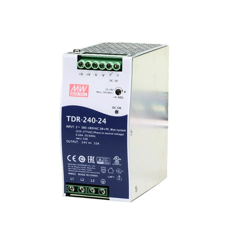 Three Phase DIN Rail Power Supply 240W 24V 10A Built For Tough Industrial Control Systems With Low Harmonic Current And Rock Solid Reliability UL61010 Certified BS EN61000 6 2 Wide 340 To 550VAC Input
