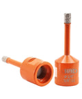 Two orange BGTEC diamond core drill bits, 1/4 in (6 mm) diameter with 5/8-11 threads for tile and stone.