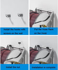 Installation steps of Heavy Duty Retractable Garden Hose Reel With Attached Fifty Meter Hose on wall, showing hooks and setup.