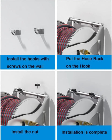 Installation steps of Heavy Duty Retractable Garden Hose Reel With Attached Fifty Meter Hose on wall, showing hooks and setup.