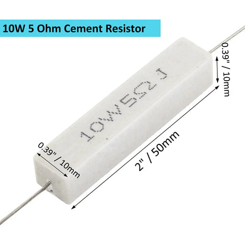 Rock Solid 10 Pack 10 Watt 5 Ohm Cement Resistors Heavy Duty Wirewound Ceramic Power Resistors With 5 Percent Tolerance For Circuits And Hobby Projects Built Tough Reliable measuring 50mm with wires.