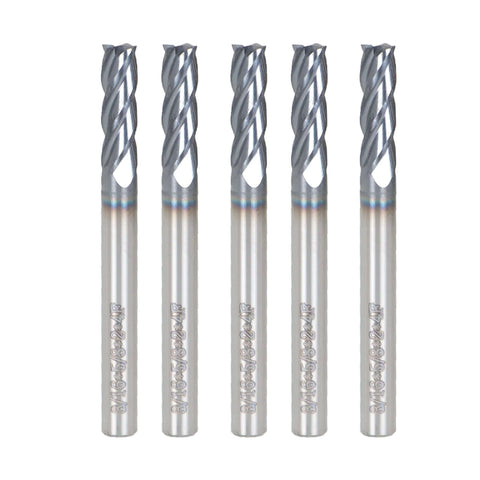 Five 3/16 inch, 4-flute carbide end mills with square nose and straight shanks, 2 inch overall length