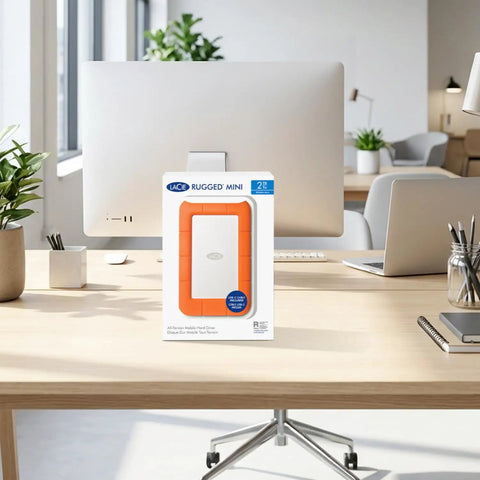 Rugged Mini 4TB 2.5 Inch Portable External Hard Drive For PC Mac iPad iPhone With Password Protection, box on desk