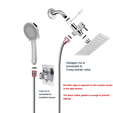 Assembly diagram of high pressure 8 inch square filtered shower head with 5 settings handheld rain style kit, chrome finish.