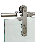 Close-up of Heavy Duty Stainless Steel Glass Sliding Barn Door Hardware Kit For 8 Foot Doors With Brushed Finish showing rollers and track