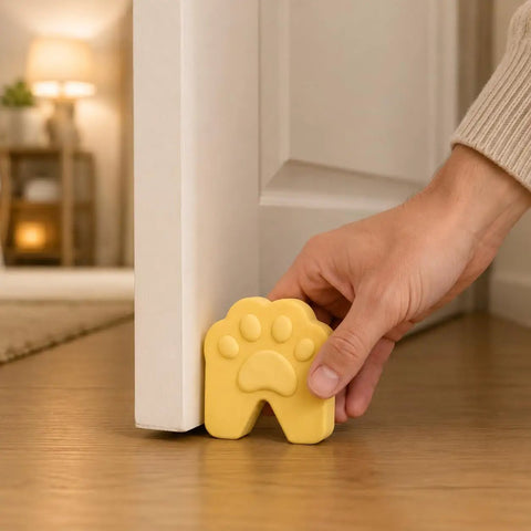 Hand placing Six Pack Soft Foam Paw Shaped Door Stoppers For Finger Pinch Protection In Pastel Colors Sage Cream Peach Lavender Butter Yellow White Ideal For Homes With Kids And Pets under door.