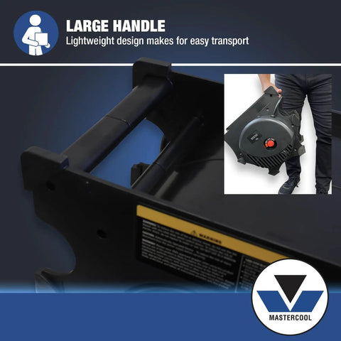 Close-up of handle and person carrying Beefy 1200 CFM Blower Fan With 3 Speed Settings, Heavy Duty ABS Housing, 8.5 Ft Cord