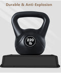 220 lb black kettlebell with handle on black base, labeled "Durable & Anti-Explosion"