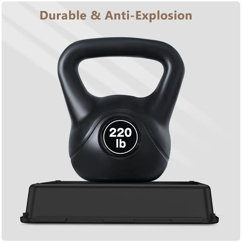 220 lb black kettlebell with handle on black base, labeled "Durable & Anti-Explosion"