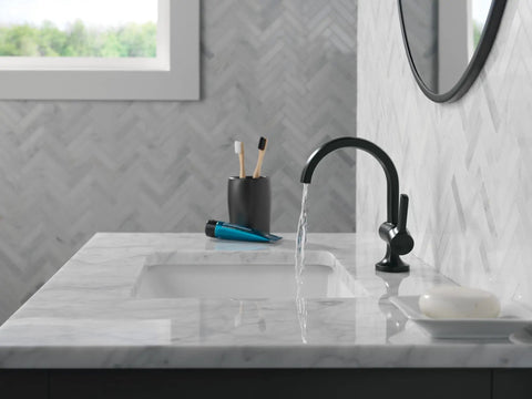 Modern Matte Black Single Hole Bathroom Faucet For Vanity Sink With Optional Deck Plate And Metal Push Pop Drain in sleek design.