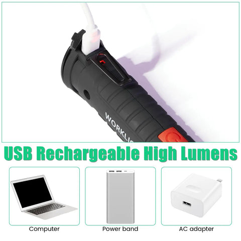 Close-up of charging the Go To LED Rechargeable Work Light Kit With Magnetic Base And 360 Degree Rotation Dope 6 Pack COB Flashlights