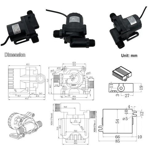 24V Micro Brushless DC Water Circulation Pump Runs Buttery Smooth And Dead Quiet Adjustable Speed Control Heavy Duty Build dimensions and angles.
