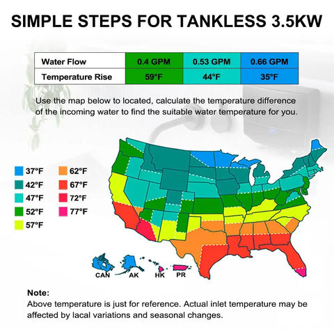 Temperature map guide for Under Sink Tankless Electric Water Heater 3.5kW Point Of Use Instant Hot Water At The Sink 120V.