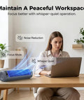 Woman working near a Compact USB Powered Air Cooler For Bedroom And Office With 3 Speed Settings Icy And Extra Cold Modes