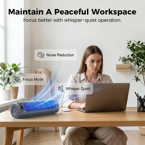 Woman working near a Compact USB Powered Air Cooler For Bedroom And Office With 3 Speed Settings Icy And Extra Cold Modes