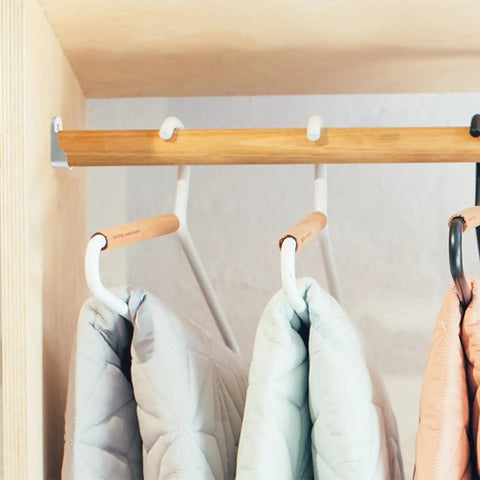 Beefy Heavy Duty Zinc Alloy Closet Rod End Support Bracket For Clothes Hanging Bar, silver, with jackets hanging, easy installation