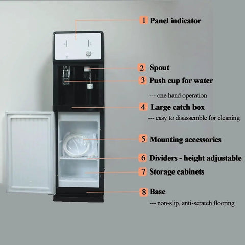 Close-up view of Hospital Grade Freestanding Water Dispenser With Hot Cold And Room Temp Settings, detailing features and components.