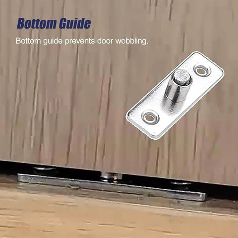 Close-up of metal floor guide from Mini Cabinet Bypass Double Sliding Barn Door Hardware Track Kit, prevents door wobbling.