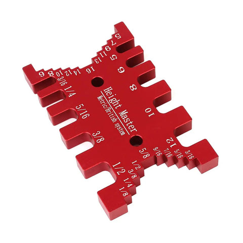 Heavy Duty Aluminum Dovetail Jig And Tenon Caliper Card Gauge For Woodworking Projects showing red precision gauge with metric and imperial scales.