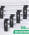 50 Pack Stainless Steel Slatwall Notch Hooks for Panels shown installed on a white slat panel, black finish, rust resistant