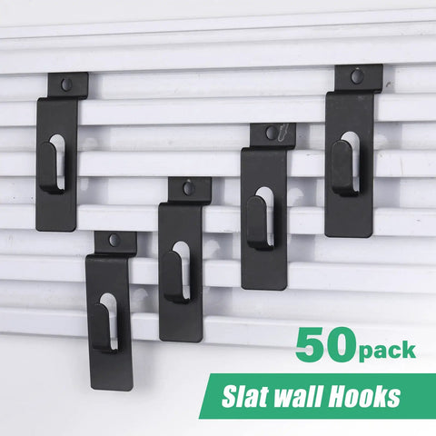 50 Pack Stainless Steel Slatwall Notch Hooks for Panels shown installed on a white slat panel, black finish, rust resistant